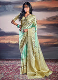 Yellow And Teal Brocade Weaved Satin Silk Saree