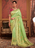 Green And Pink Weaved Pure Dola Silk Saree