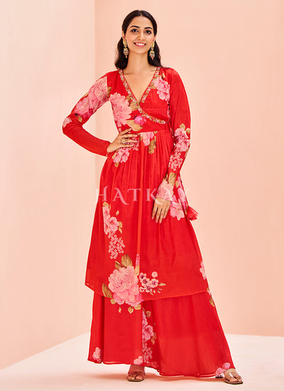 Red Prined Kurta And Palazzo Set