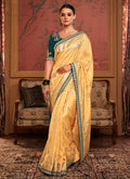 Yellow And Green Weaved Pure Dola Silk Saree