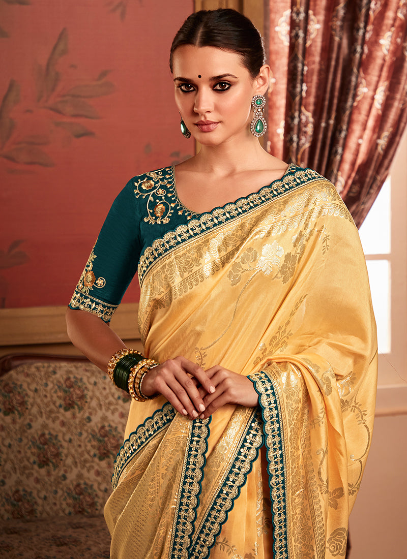 Yellow And Green Weaved Pure Dola Silk Saree