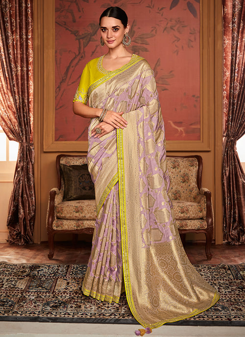 Lilac And Yellow Weaved Pure Dola Silk Saree