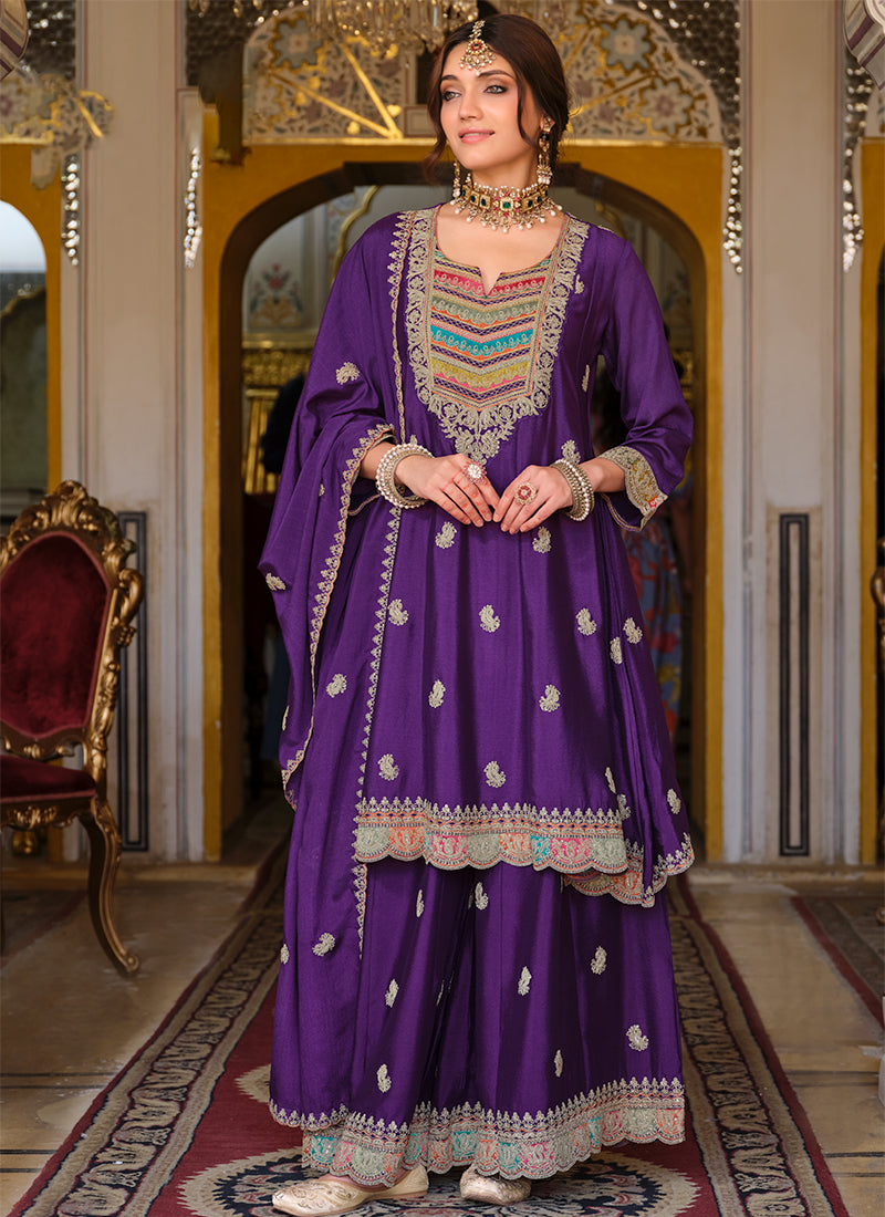 Purple Multi Embroidery Festive Sharara Suit