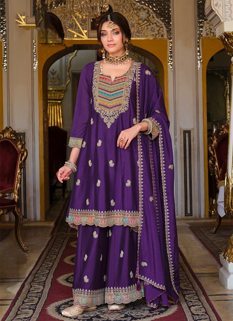 Purple Multi Embroidery Festive Sharara Suit