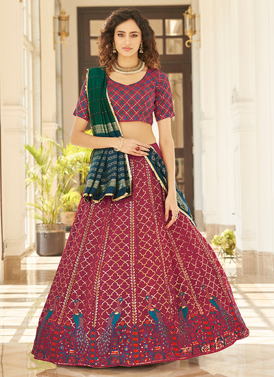 Cherry Red And Green Multi Embroidery Lehenga Choli