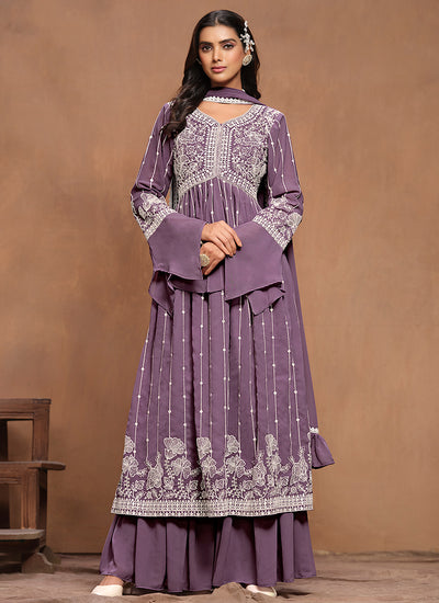 Purple White Embroidery Pleated Kurti Palazzo Suit