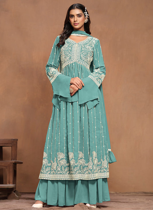 Blue White Embroidery Pleated Kurti Palazzo Suit