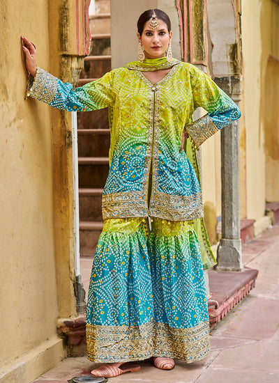 Green Turquoise Ombré Embroidered Sharara Suit