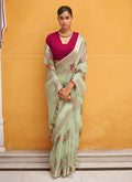 Green And Pink Floral Organza Silk Saree With Sequence Embroidered Blouse