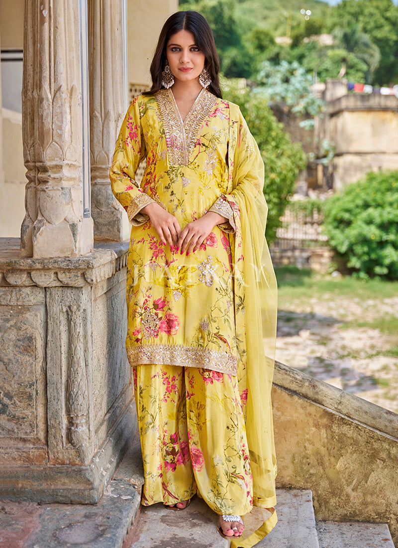 Pista Green Embroidery Printed Palazzo Suit
