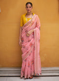 Pink And Yellow Floral Organza Silk Saree With Sequence Embroidered Blouse