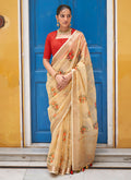 Yellow And Red Floral Organza Silk Saree With Sequence Embroidered Blouse