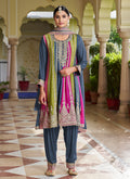 Blue Multi Embroidery Designer Anarkali Dhoti Pant Suit