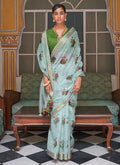 Blue And Green Floral Organza Silk Saree With Sequence Embroidered Blouse