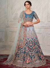 Turquoise Ombré Multi Embroidery Wedding Lehenga Choli