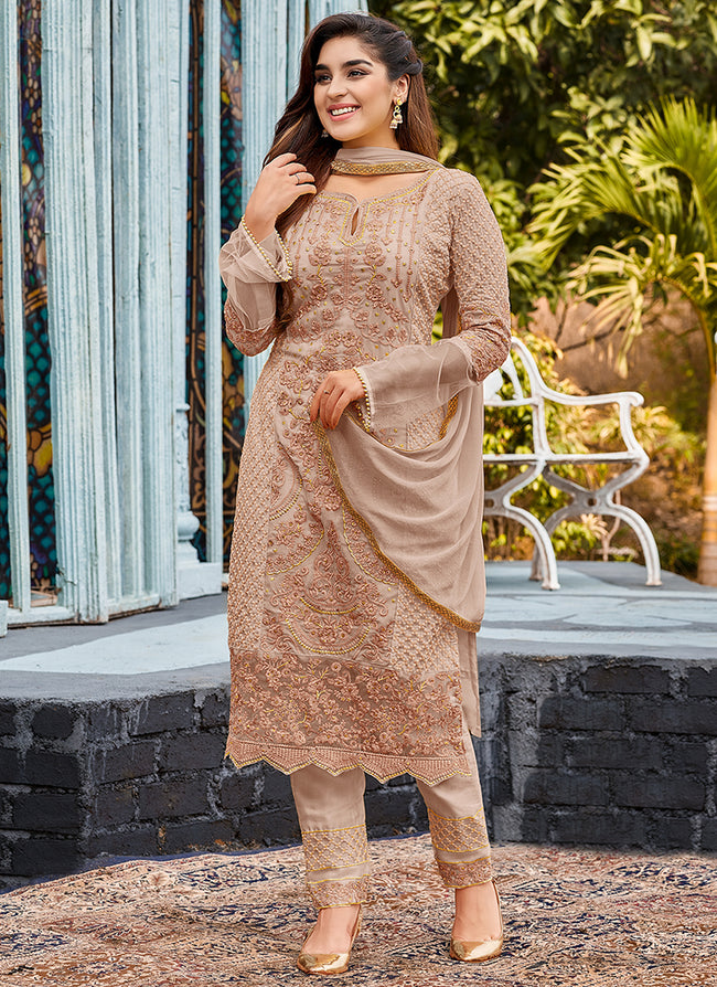 Pale Brown Pearl Embroidery Pakistani Pant Suit