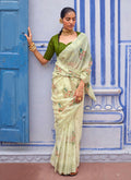 Green Two Tone Schiffli Embroidery Floral Silk Saree