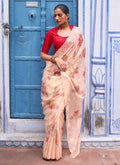 Peach And Red Schiffli Embroidery Floral Silk Saree