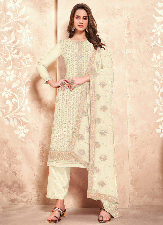 Off White Chikankari Embroidered Pant Style Suit