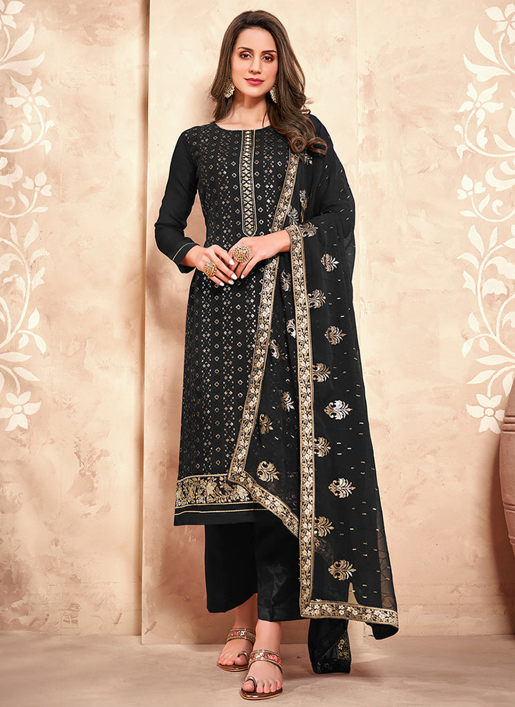 Black Golden Chikankari Embroidered Pant Style Suit