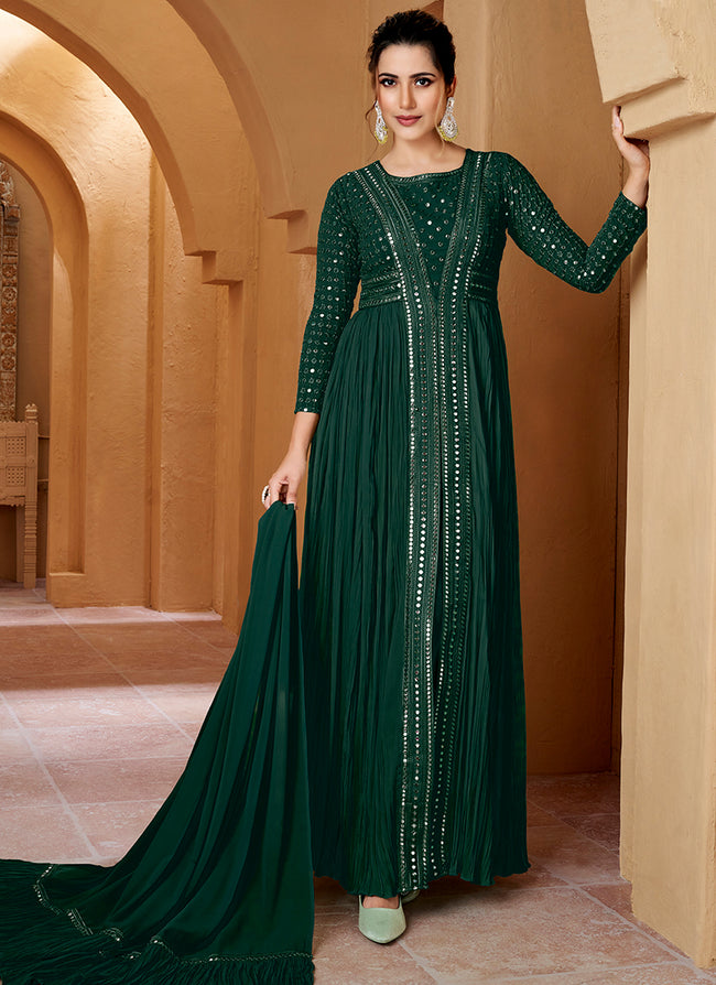 Green Mirror Work Embroidery Slit Style Anarkali Suit