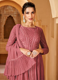 Rose Pink Mirror Work Embroidery Slit Style Anarkali Suit In USA