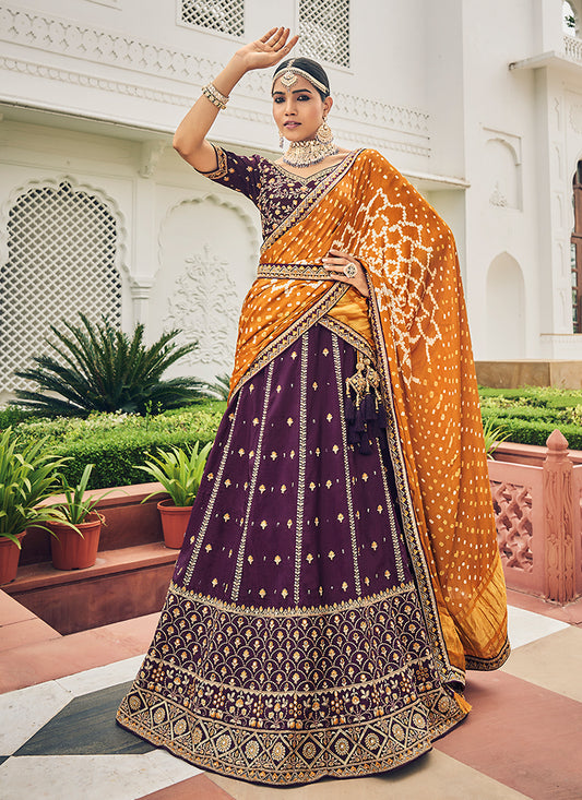 Deep Purple Multi Embroidery Festive Lehenga Choli