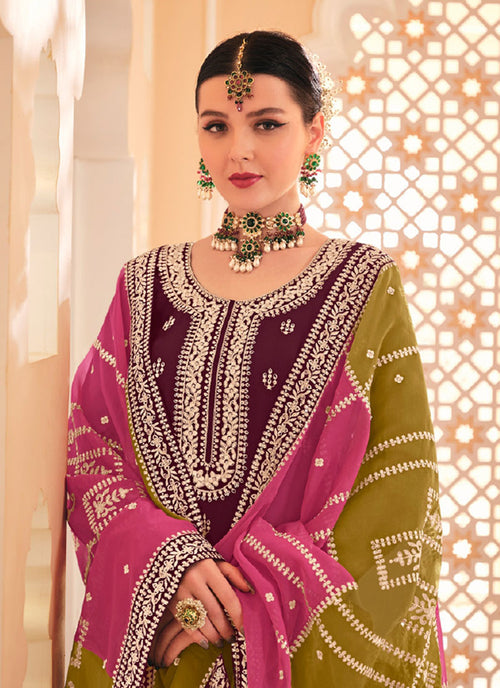 Wine Multicolored Embroidery Straight Cut Salwar Kameez