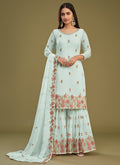 Sky Blue Sequence Embroidery Traditional Gharara Style Suit