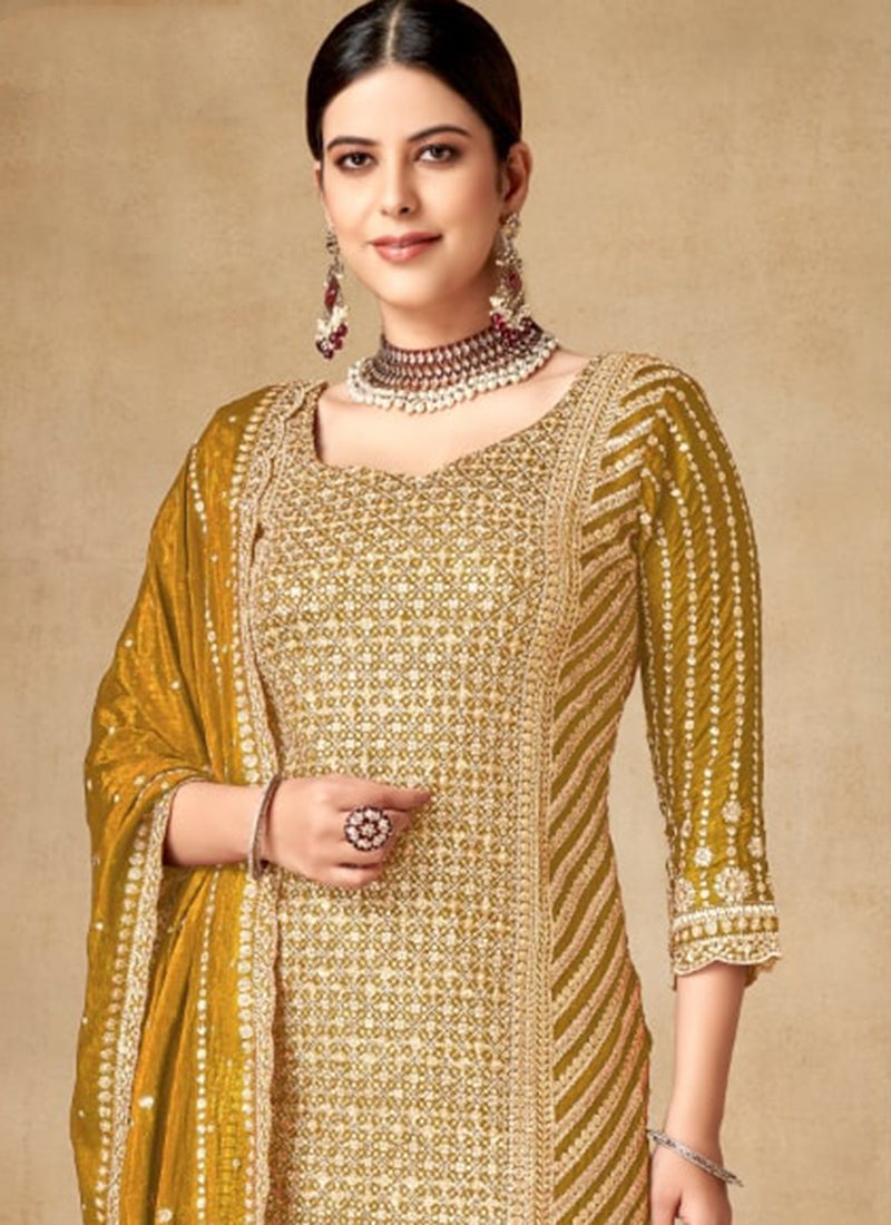 Mustard Yellow Sequence And Zari Embroidery Gharara Suit