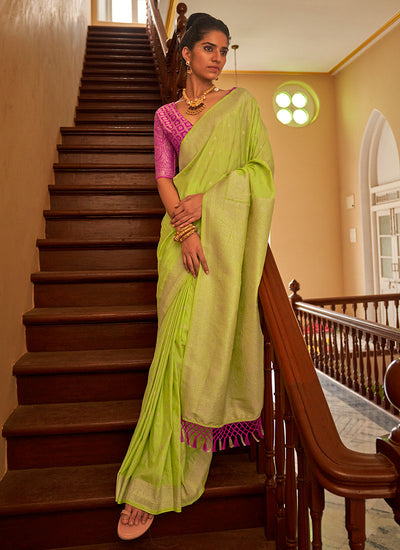  Green And Pink Weaved Crape Silk Saree
