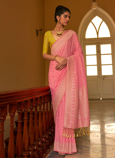 Pink And Yellow Weaved Crape Silk Saree