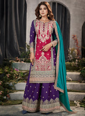   Purple And Rani Pink Embroidery Traditional Palazzo Suit 