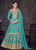 Turquoise Multi Embroidery Wedding Lehenga Kurti And Dupatta