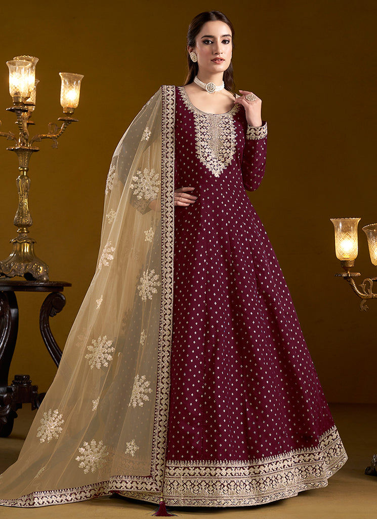 Buy Bridesmaid Dresses - Maroon Embroidered Silk Anarkali Suit Buy Bridesmaid Dresses - Maroon Embroidered Silk Anarkali Suit