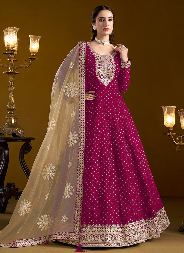 Buy Engagement Dresses - Magenta Pink Embroidered Silk Anarkali Suit Buy Engagement Dresses - Magenta Pink Embroidered Silk Anarkali Suit
