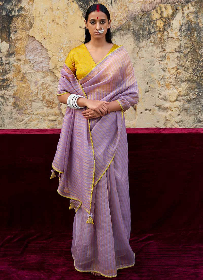 Buy Yellow-Purple Block Printed Tussar Silk Saree Online at Jaypore.com
