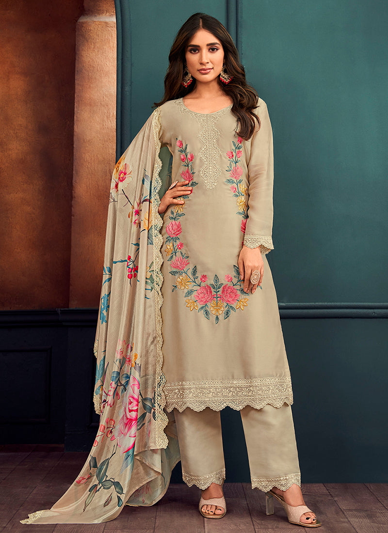 Beige Thread Work Embroidery Pant Style Suit