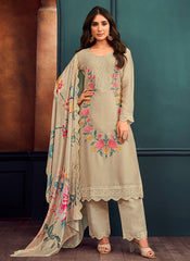 Beige Thread Work Embroidery Pant Style Suit
