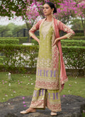 Lime Green And Peach Mirror Work Embroidery Palazzo Suit
