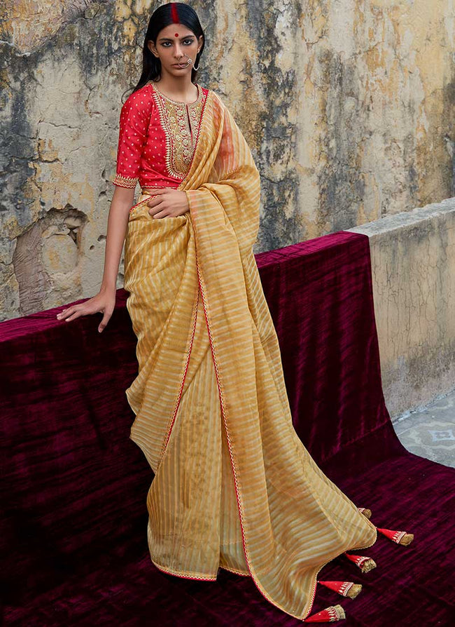 Yellow And Red Embroidered Organza Silk Saree