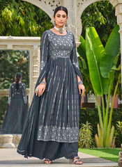 Grey Sequence Embroidery Festive Palazzo Suit