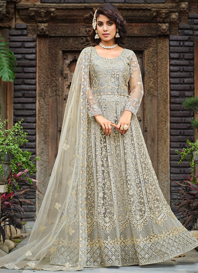 Beige Golden Embroidery Wedding Anarkali Suit
