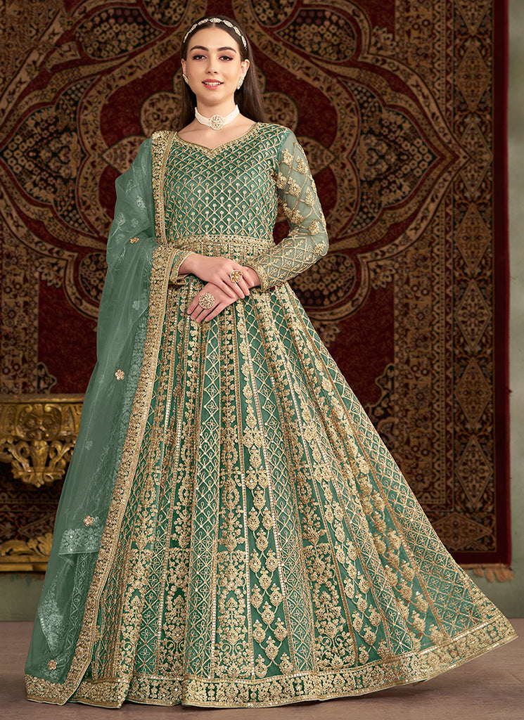 sea green anarkali dress Sea Green Embroidered Faux Georgette Anarkali Suit for Festival