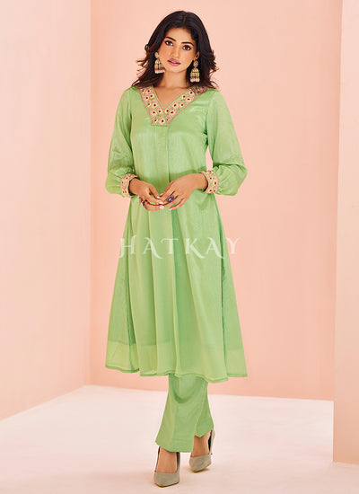 Light Green Handwork Kurta And Pant Suit