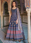 Blue Stone Work Embroidery Ajrakh Printed Anarkali Gown