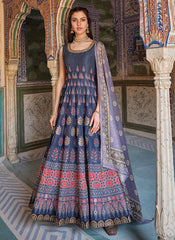 Blue Stone Work Embroidery Ajrakh Printed Anarkali Gown