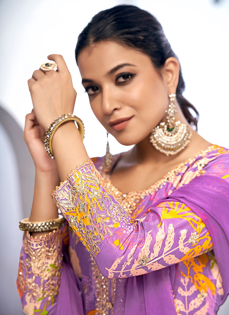 Indian Clothes - Purple Golden Mirror Work Embroidery Gharara Suit