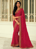 Hot Pink Sequence Embroidery Wedding Silk Saree