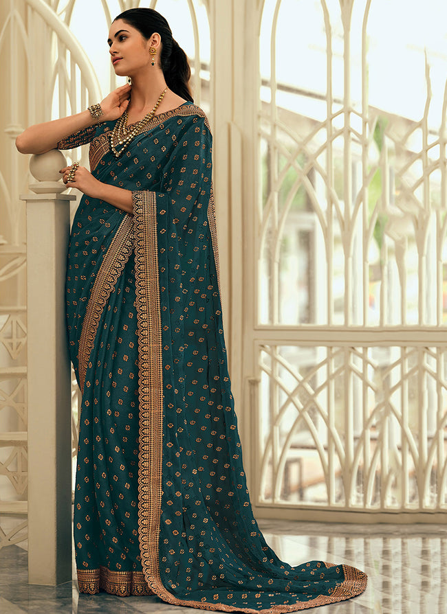 Turquoise Sequence Embroidery Wedding Silk Saree